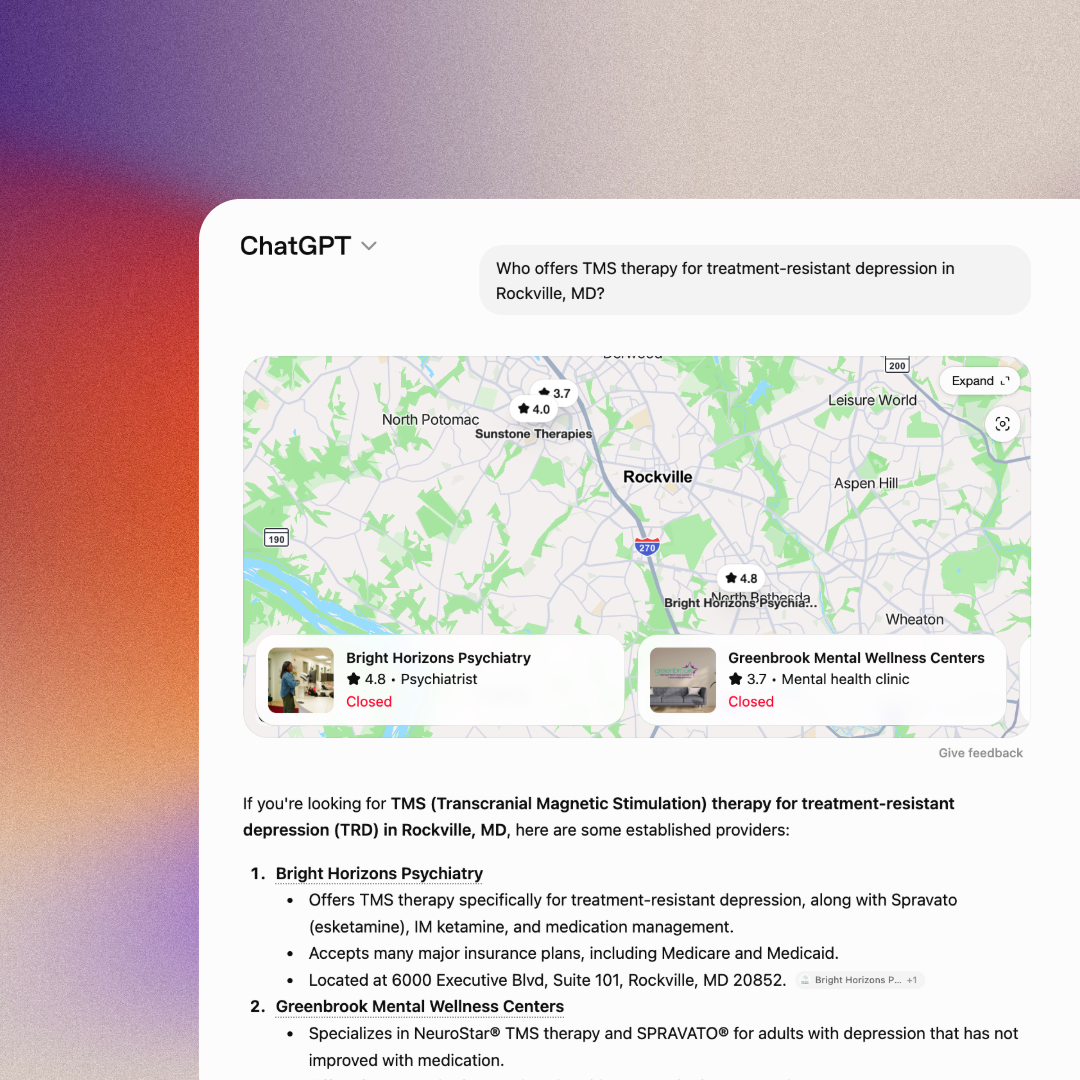 ChatGPT recommending local TMS therapy providers on a map