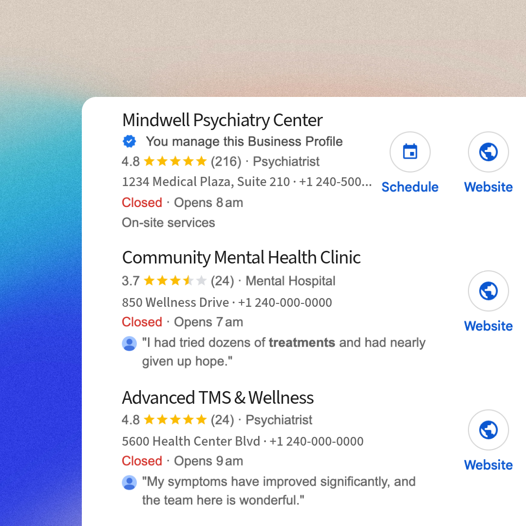 Local search listings showing clinic Google Business Profiles