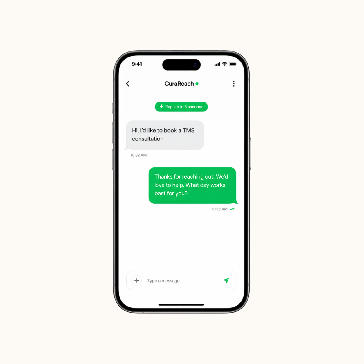 Smartphone showing an automated text reply to a patient TMS consultation request, answered in 8 seconds